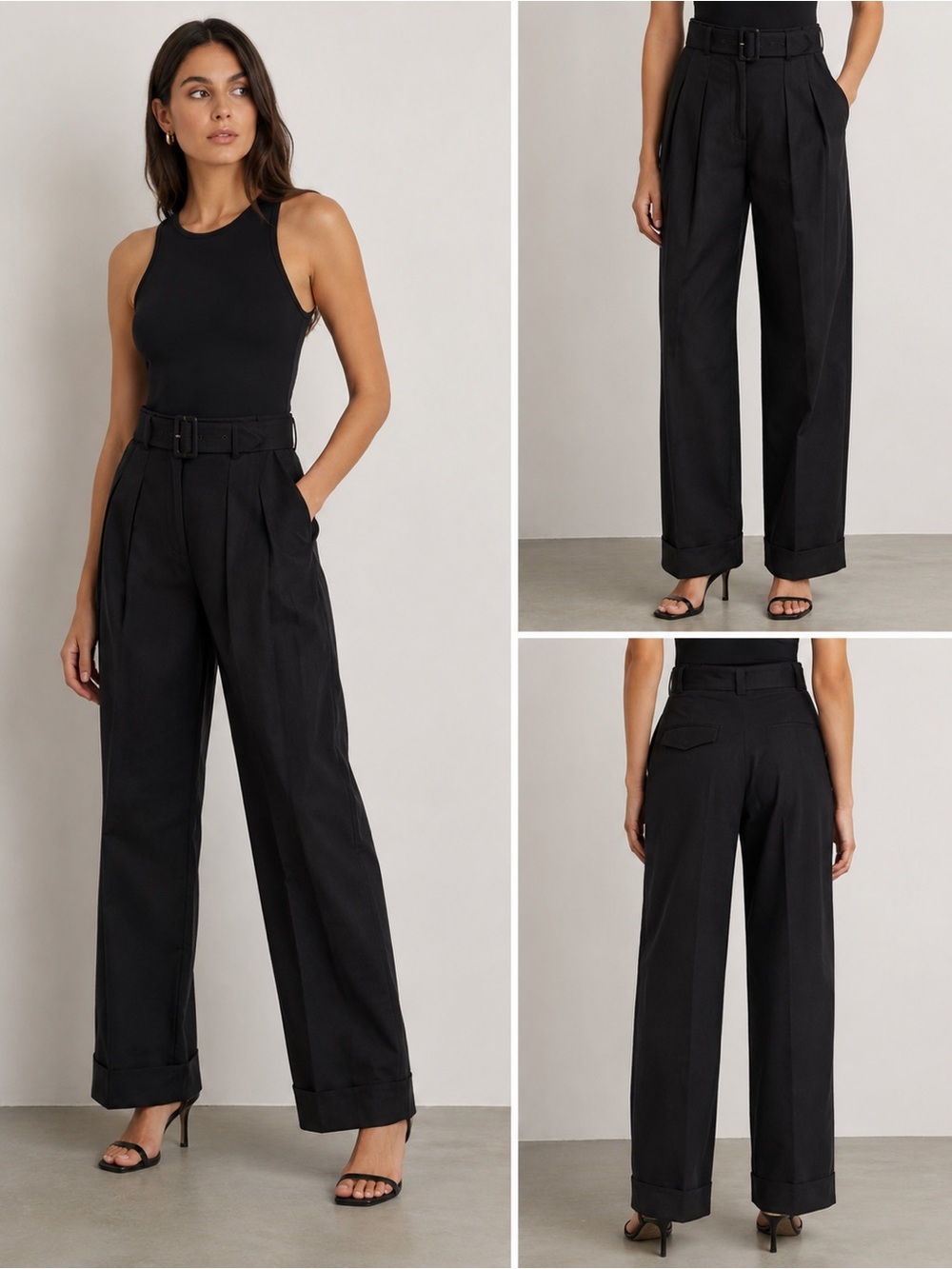 HUGO BOSS High-Rise Wide-Leg Belted Trousers — Black
